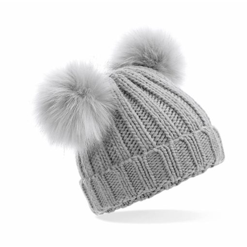 Gyerek téli kötött sapka Beechfield Infant/Junior Faux Fur Double Pom Pom Beanie B414a/B414b Vi