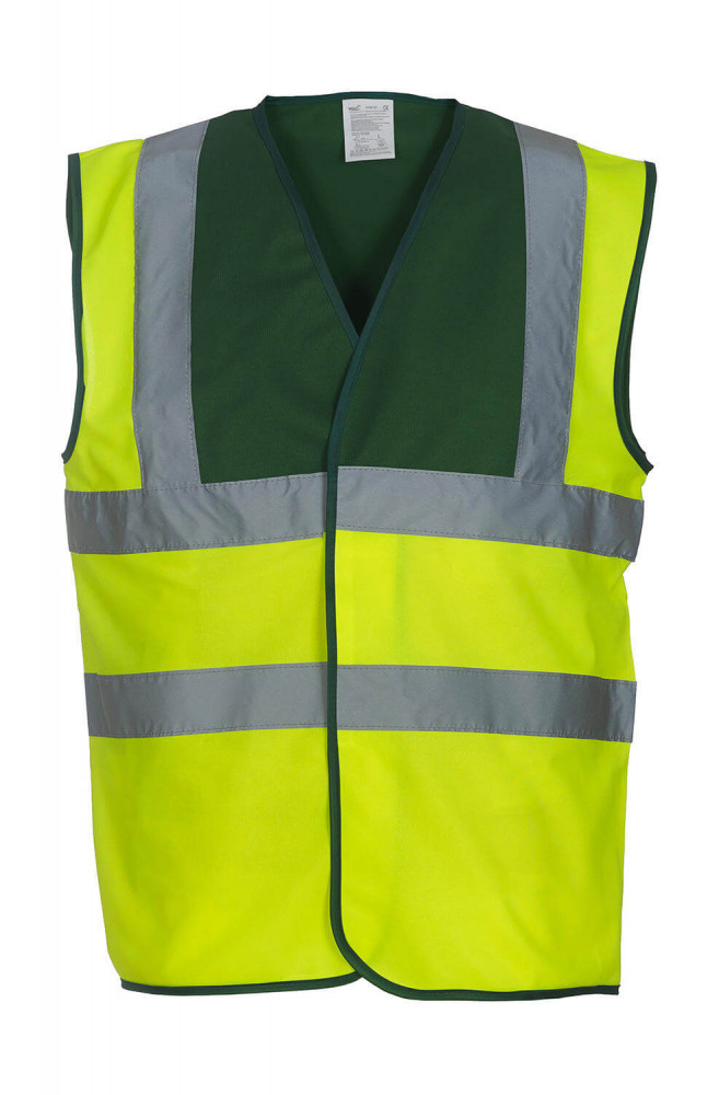 Uniszex ujjatlan fényvisszaverő ruha munkaruha Yoko Fluo 2 Band + Brace Waistcoat M, Fluo sárga/Mentős zöld